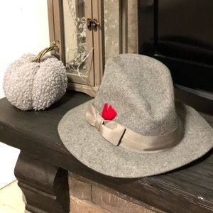 GREY FEDORA WITH LITTLE RED FEATHER